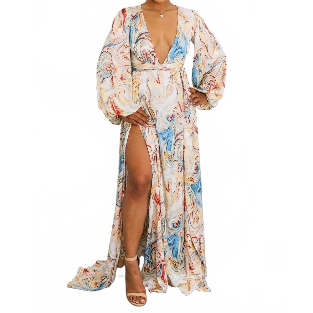 NEW SURELYMINE marble swirl kimono maxi dress with slits boho resort style in mu - Picture 3 of 10